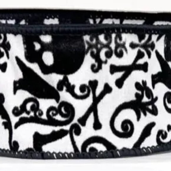 Halloween Black & White Skull, Crow & Cross Bones Flocked Dupioni Ribbon Crafts - Picture 5 of 5
